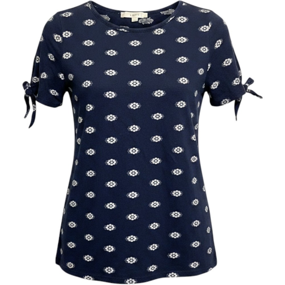 LOFT Navy Blue Floral Medallion Tie Sleeve Knit Top Womens Medium Short Sleeve